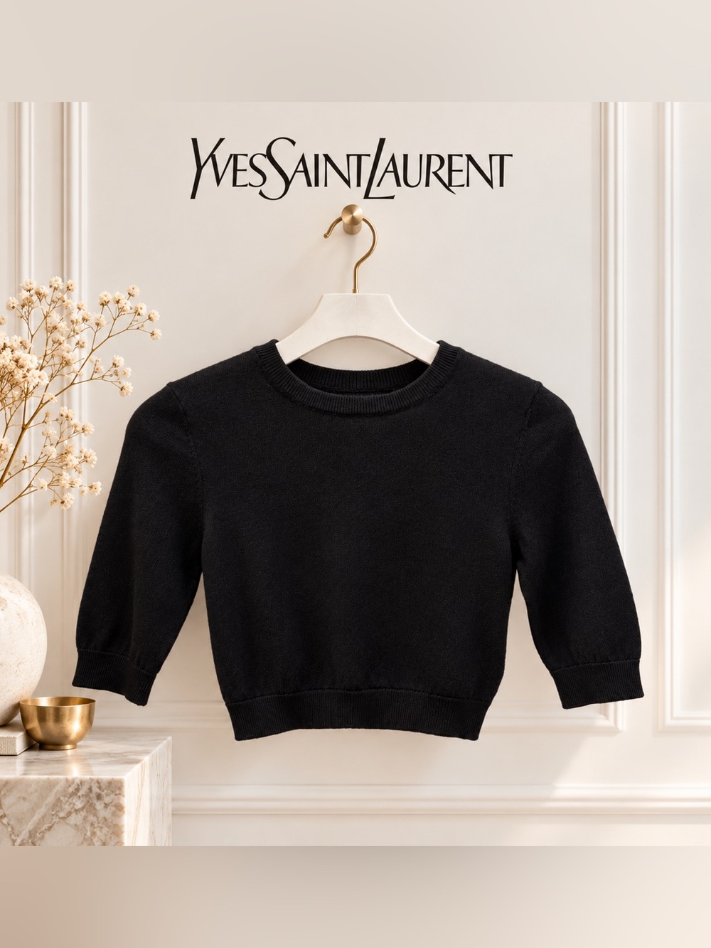 Yves Saint Laurent Paris Black Cropped 100% Wool Sweater – Size M